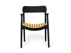 Asger spisestol fra Bent Hansen i sortbejdset eg med sæde i stribet gult stof
